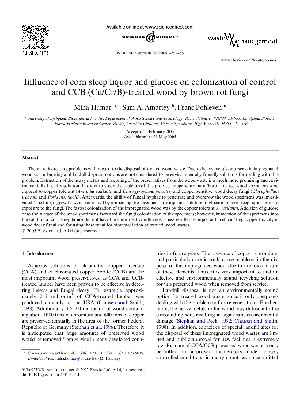 Influence of corn steep liquor and glucose on colonization of control and CCB (Cu/Cr/B)-treated wood by brown rot fungi