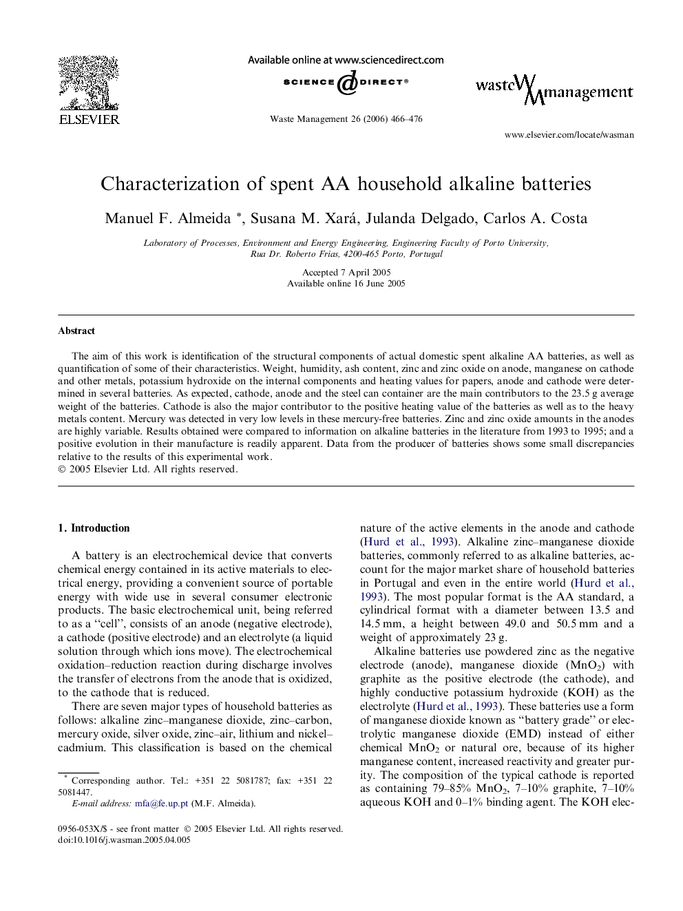 Characterization of spent AA household alkaline batteries