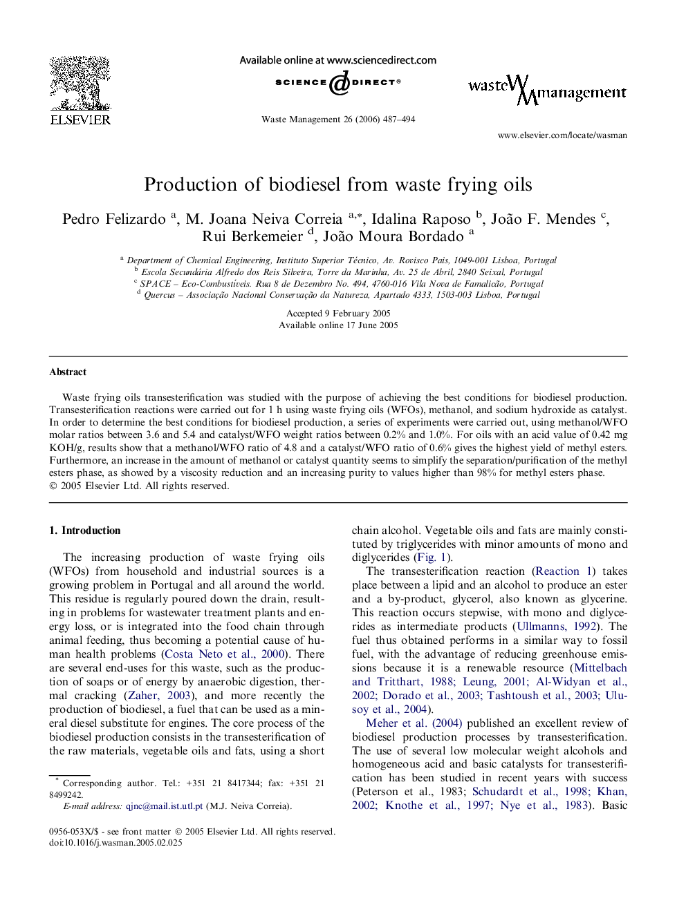 Production of biodiesel from waste frying oils