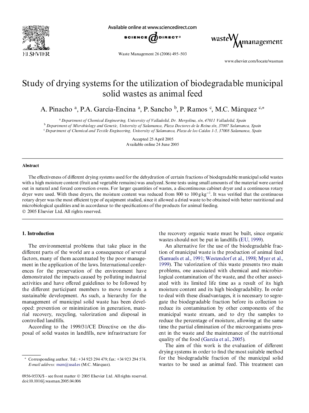 Study of drying systems for the utilization of biodegradable municipal solid wastes as animal feed