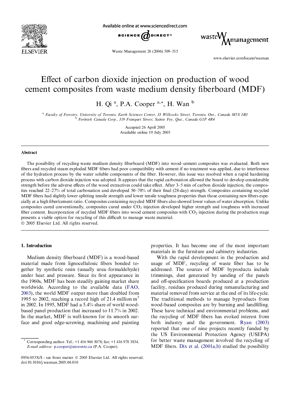 Effect of carbon dioxide injection on production of wood cement composites from waste medium density fiberboard (MDF)