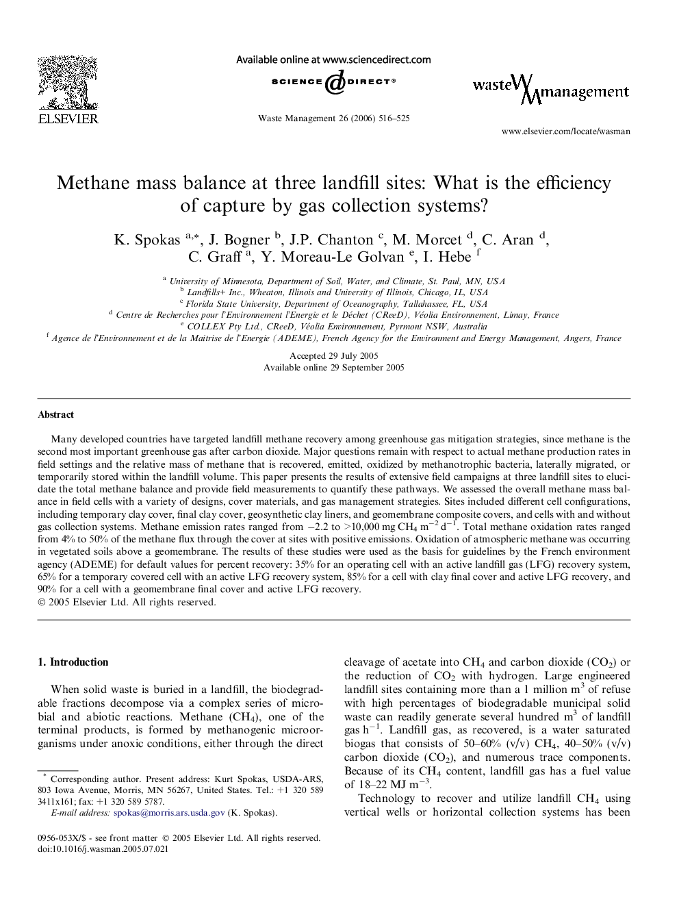 Methane mass balance at three landfill sites: What is the efficiency of capture by gas collection systems?