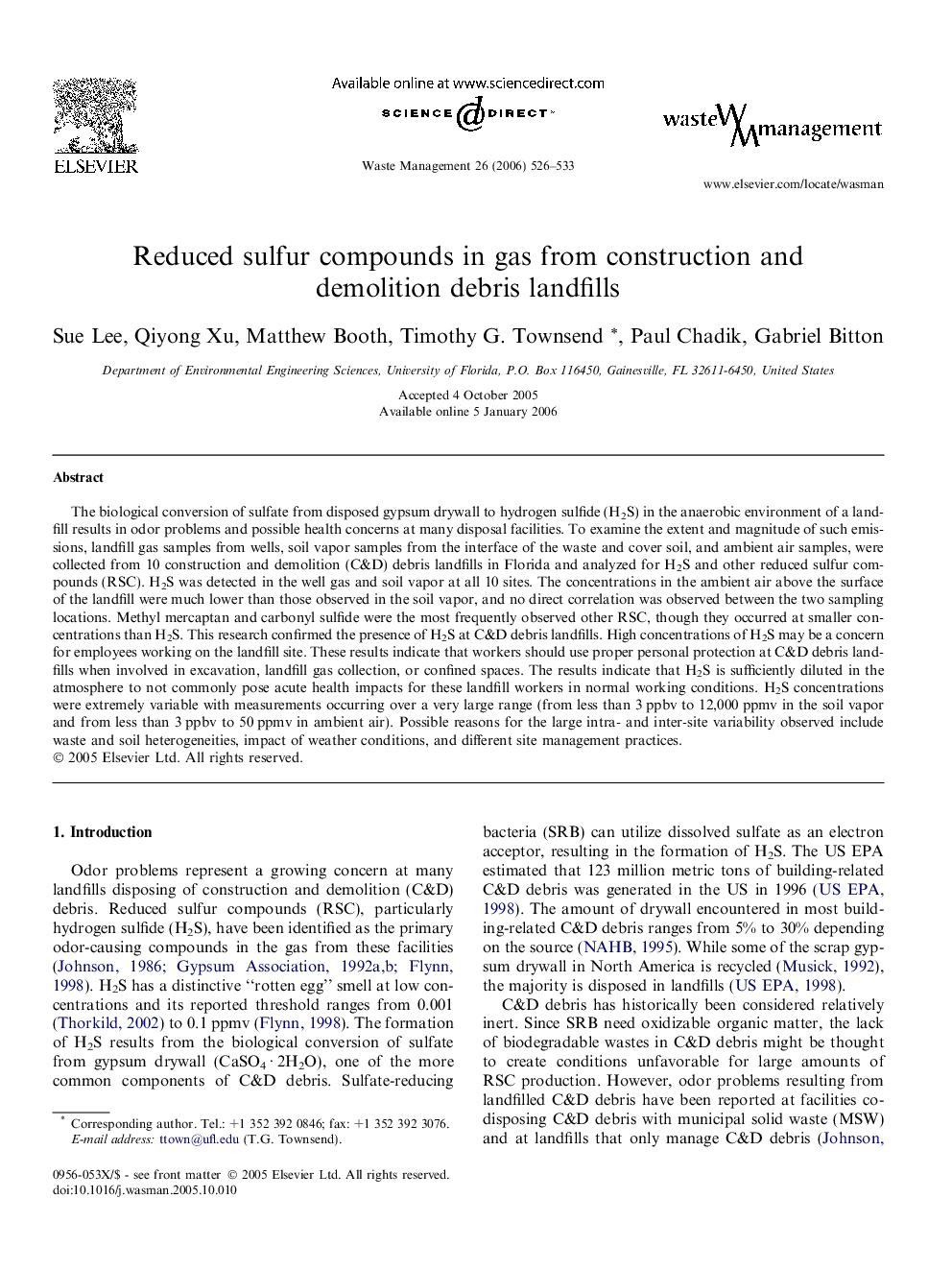 Reduced sulfur compounds in gas from construction and demolition debris landfills