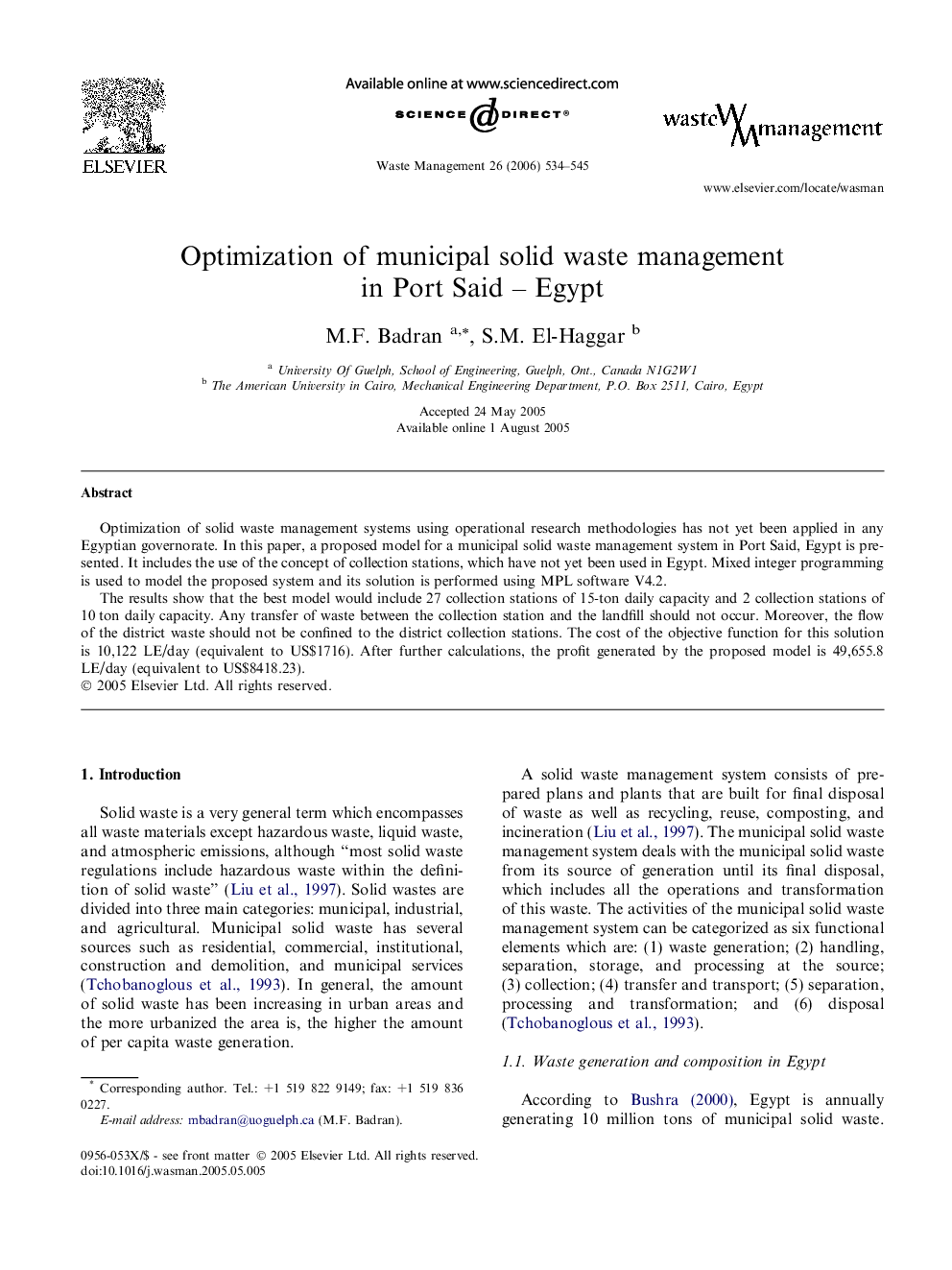 Optimization of municipal solid waste management in Port Said – Egypt