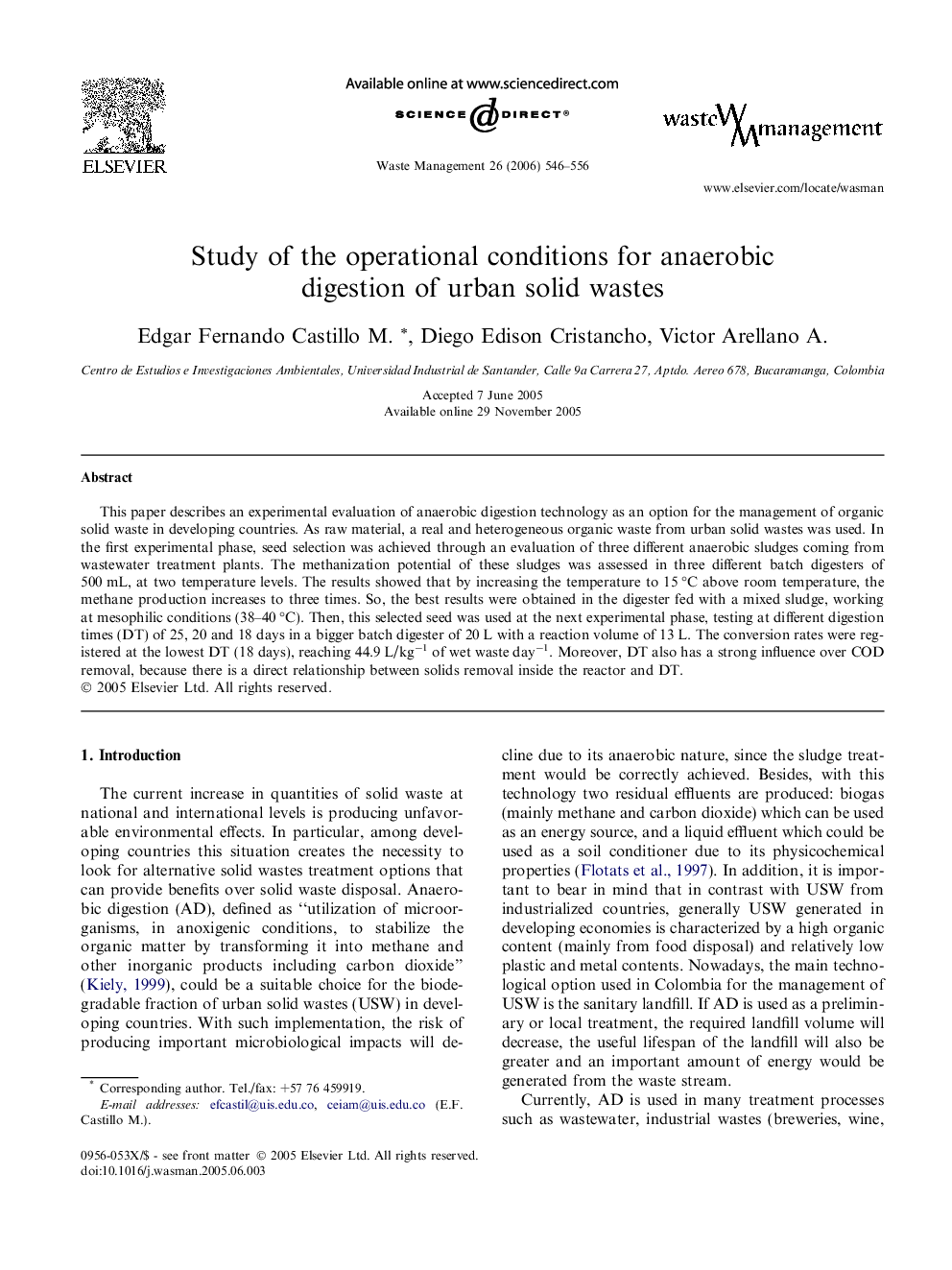 Study of the operational conditions for anaerobic digestion of urban solid wastes