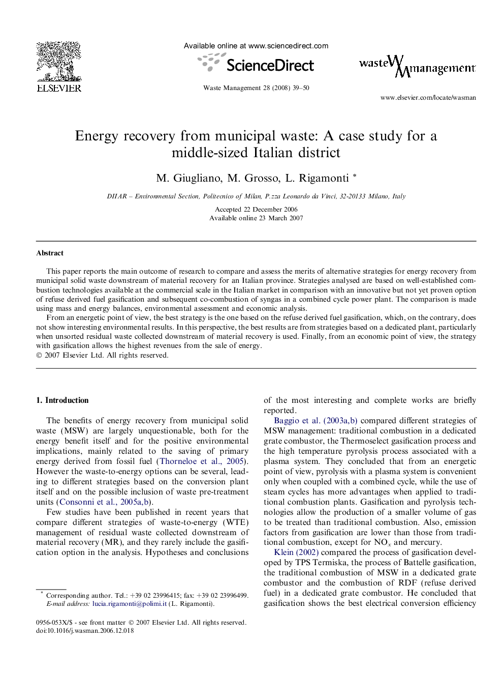 Energy recovery from municipal waste: A case study for a middle-sized Italian district