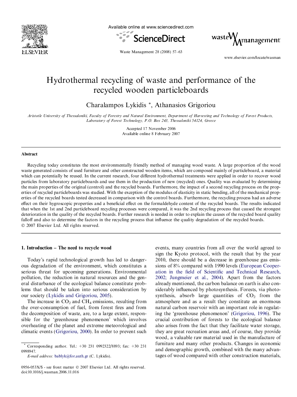 Hydrothermal recycling of waste and performance of the recycled wooden particleboards