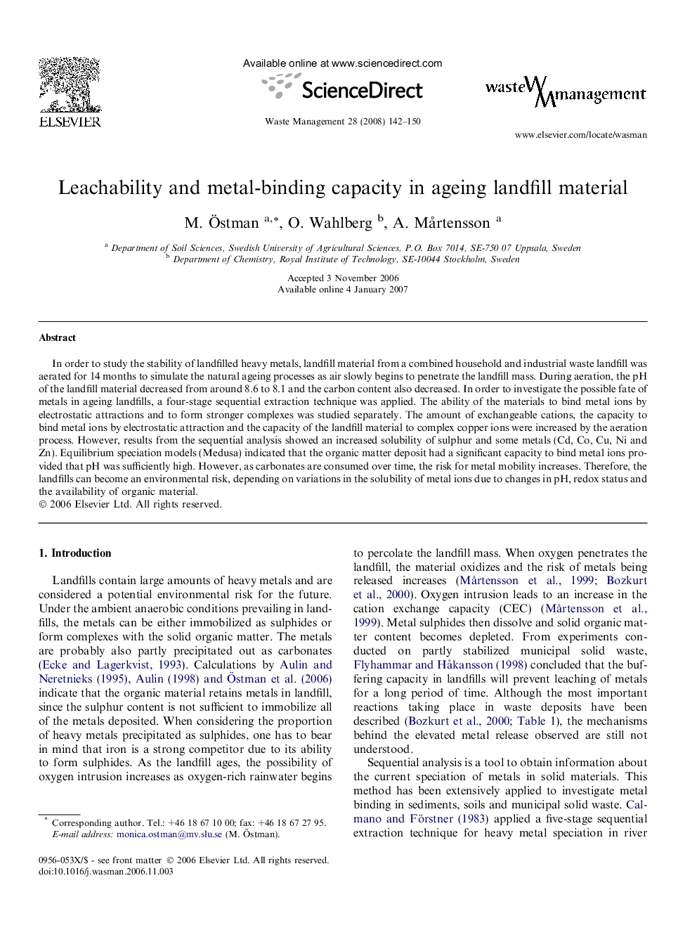 Leachability and metal-binding capacity in ageing landfill material