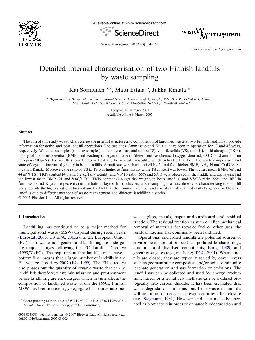 Detailed internal characterisation of two Finnish landfills by waste sampling