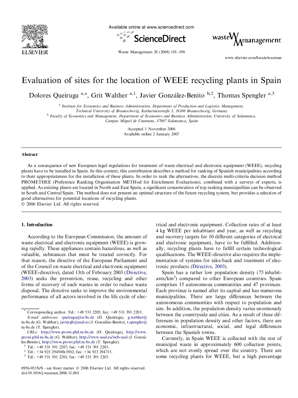 Evaluation of sites for the location of WEEE recycling plants in Spain