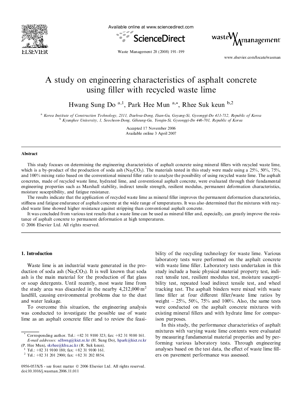 A study on engineering characteristics of asphalt concrete using filler with recycled waste lime