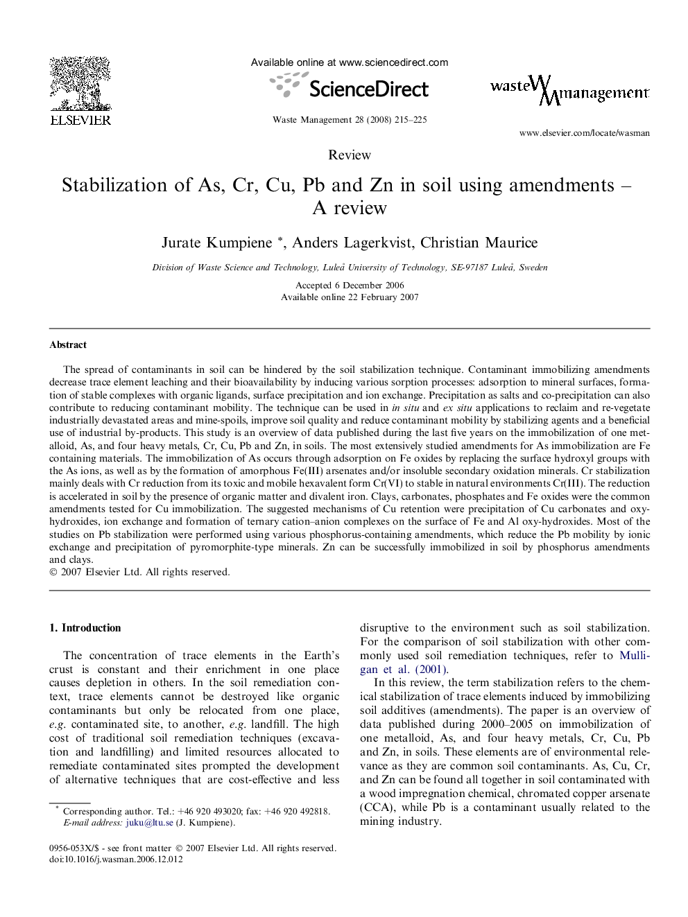 Stabilization of As, Cr, Cu, Pb and Zn in soil using amendments – A review