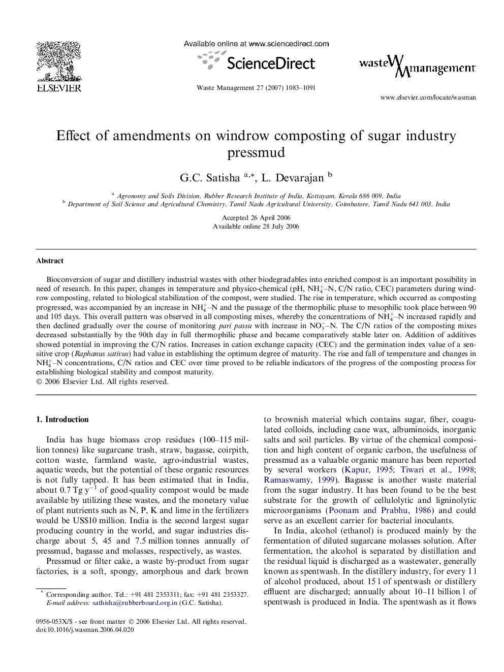 Effect of amendments on windrow composting of sugar industry pressmud