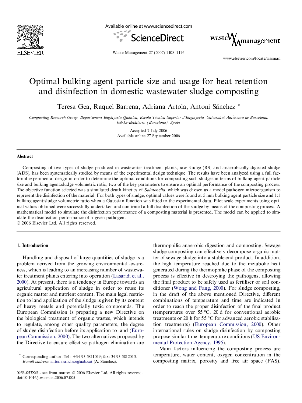 Optimal bulking agent particle size and usage for heat retention and disinfection in domestic wastewater sludge composting