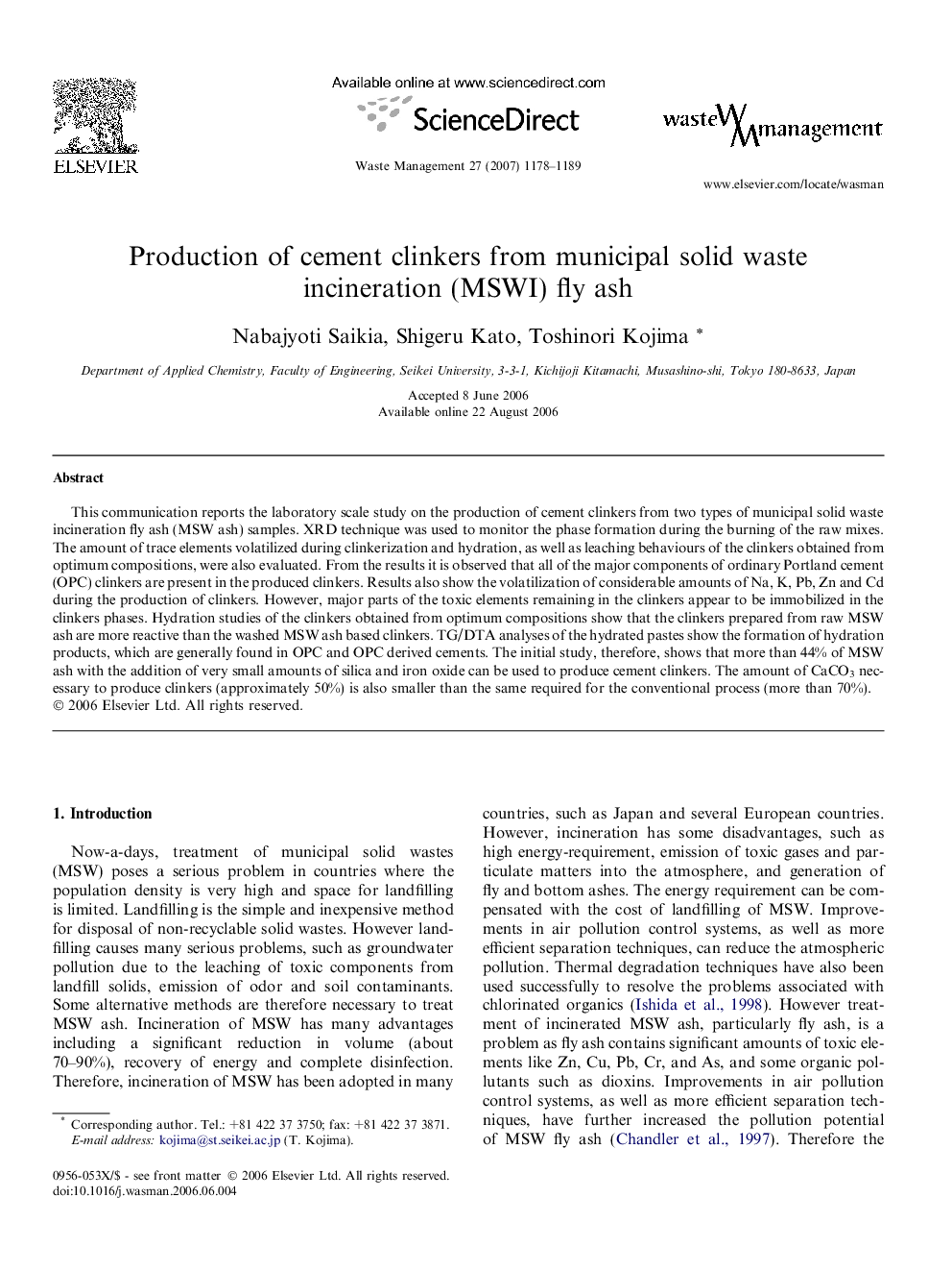 Production of cement clinkers from municipal solid waste incineration (MSWI) fly ash