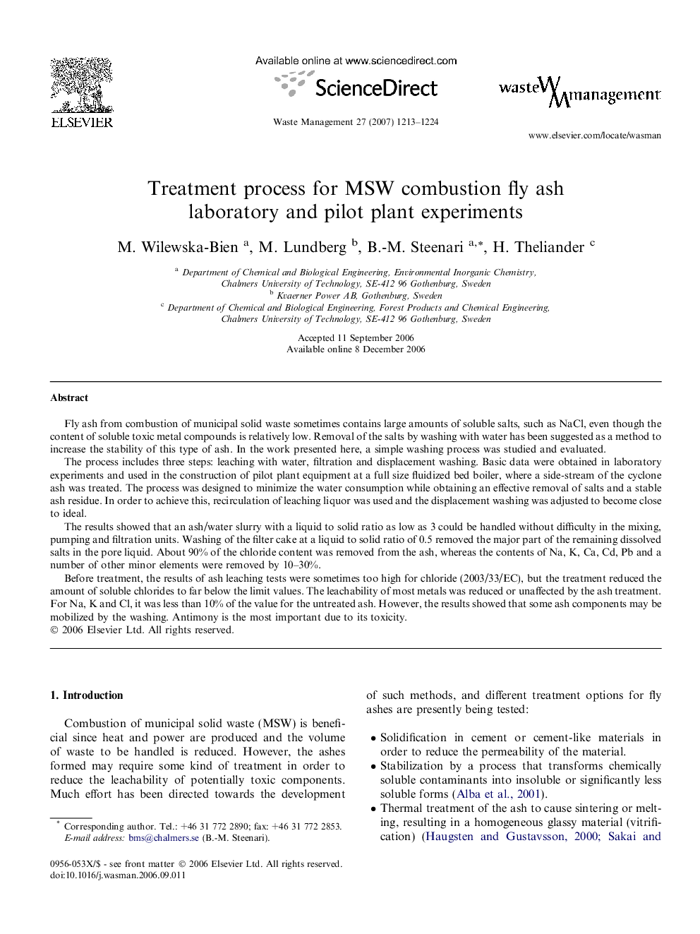 Treatment process for MSW combustion fly ash laboratory and pilot plant experiments