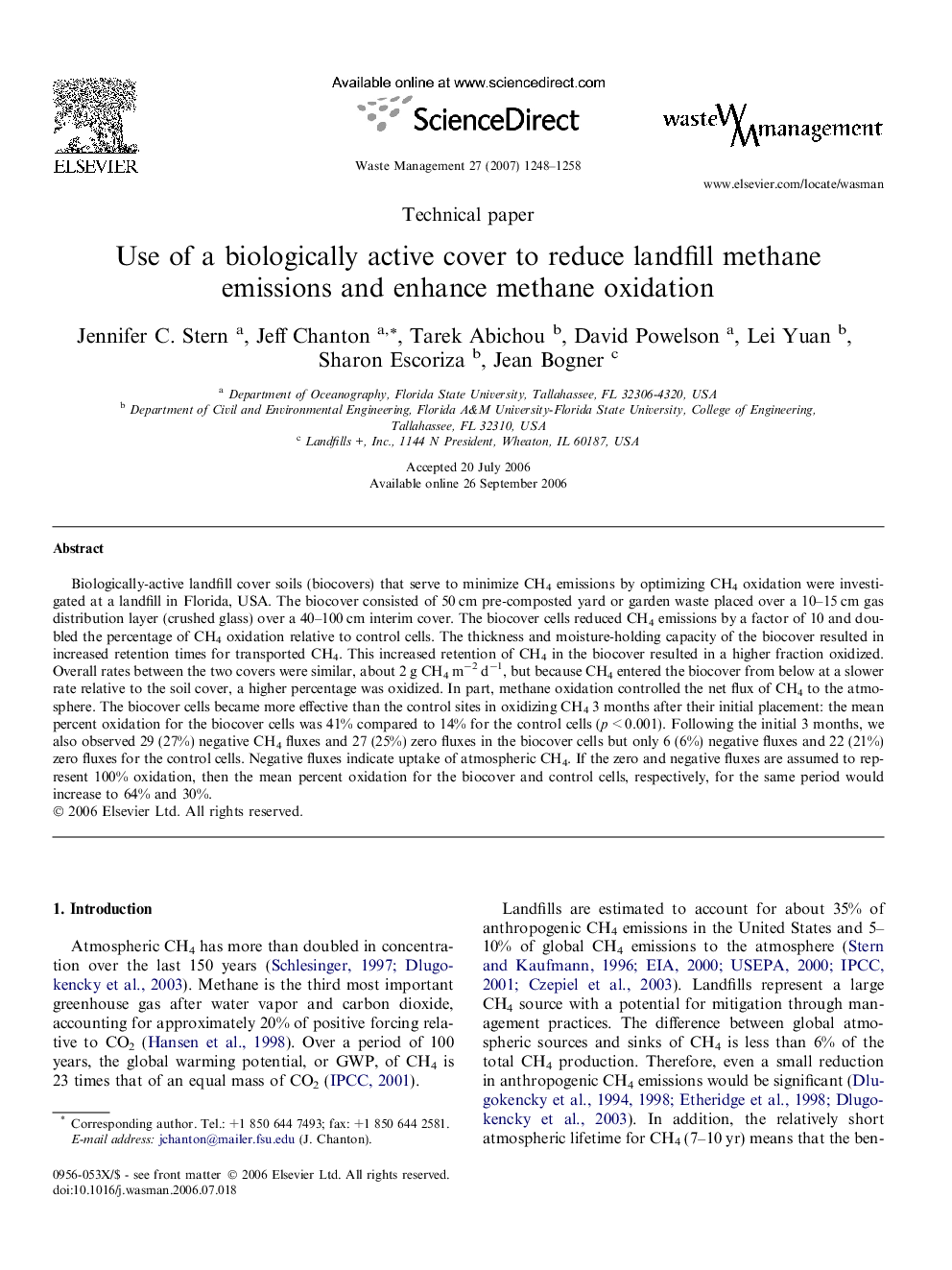 Use of a biologically active cover to reduce landfill methane emissions and enhance methane oxidation