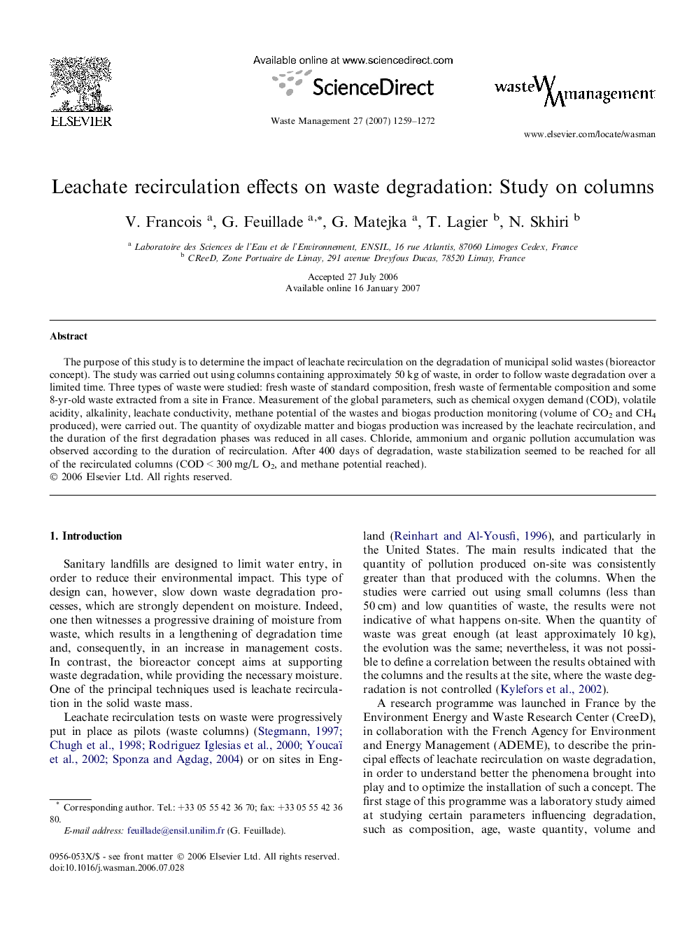 Leachate recirculation effects on waste degradation: Study on columns