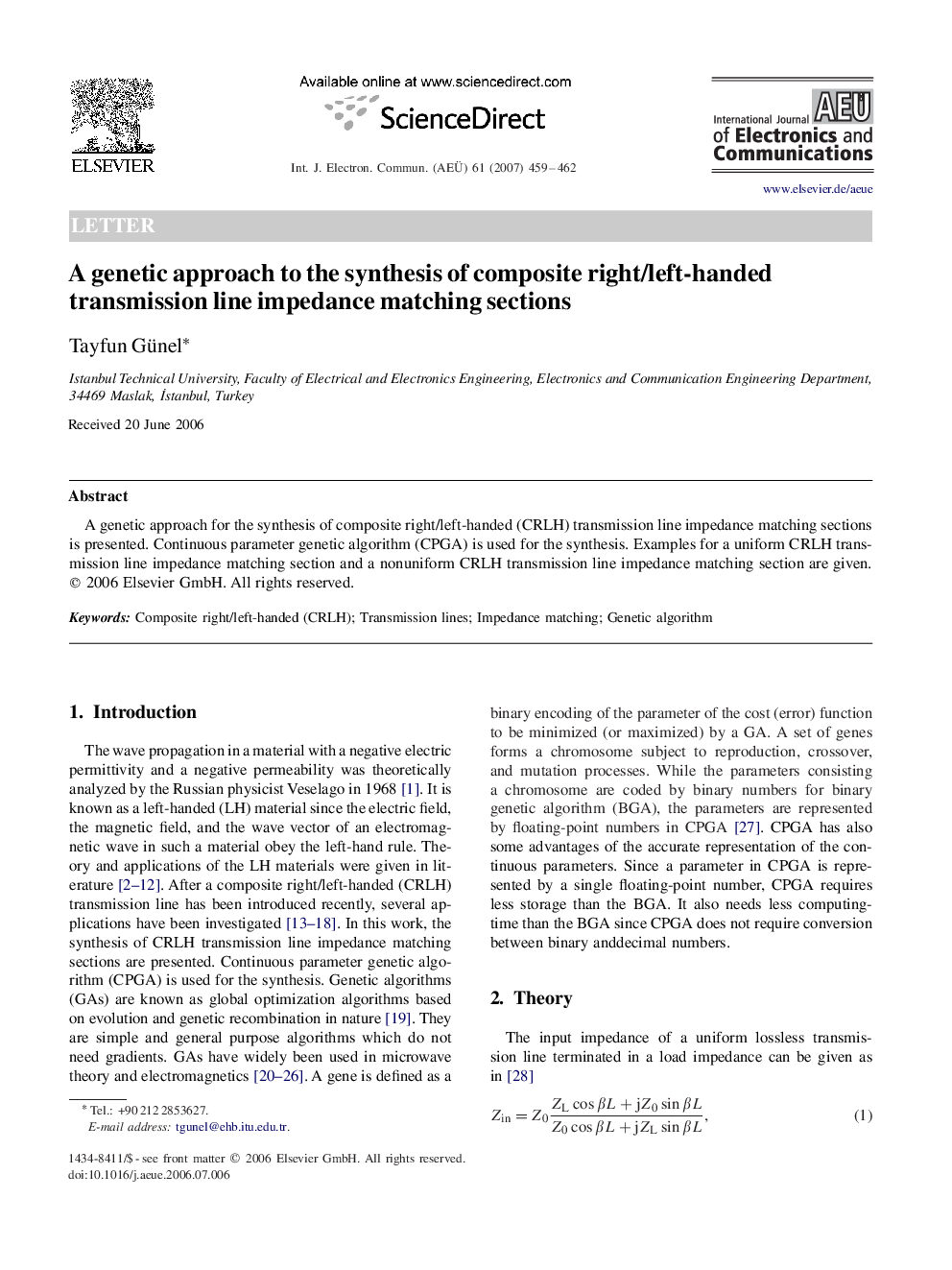 عکس صفحه اول مقاله: A genetic approach to the synthesis of composite right/left-handed transmission line impedance matching sections A genetic approach to the synthesis of composite right/left-handed transmission line impedance matching sections