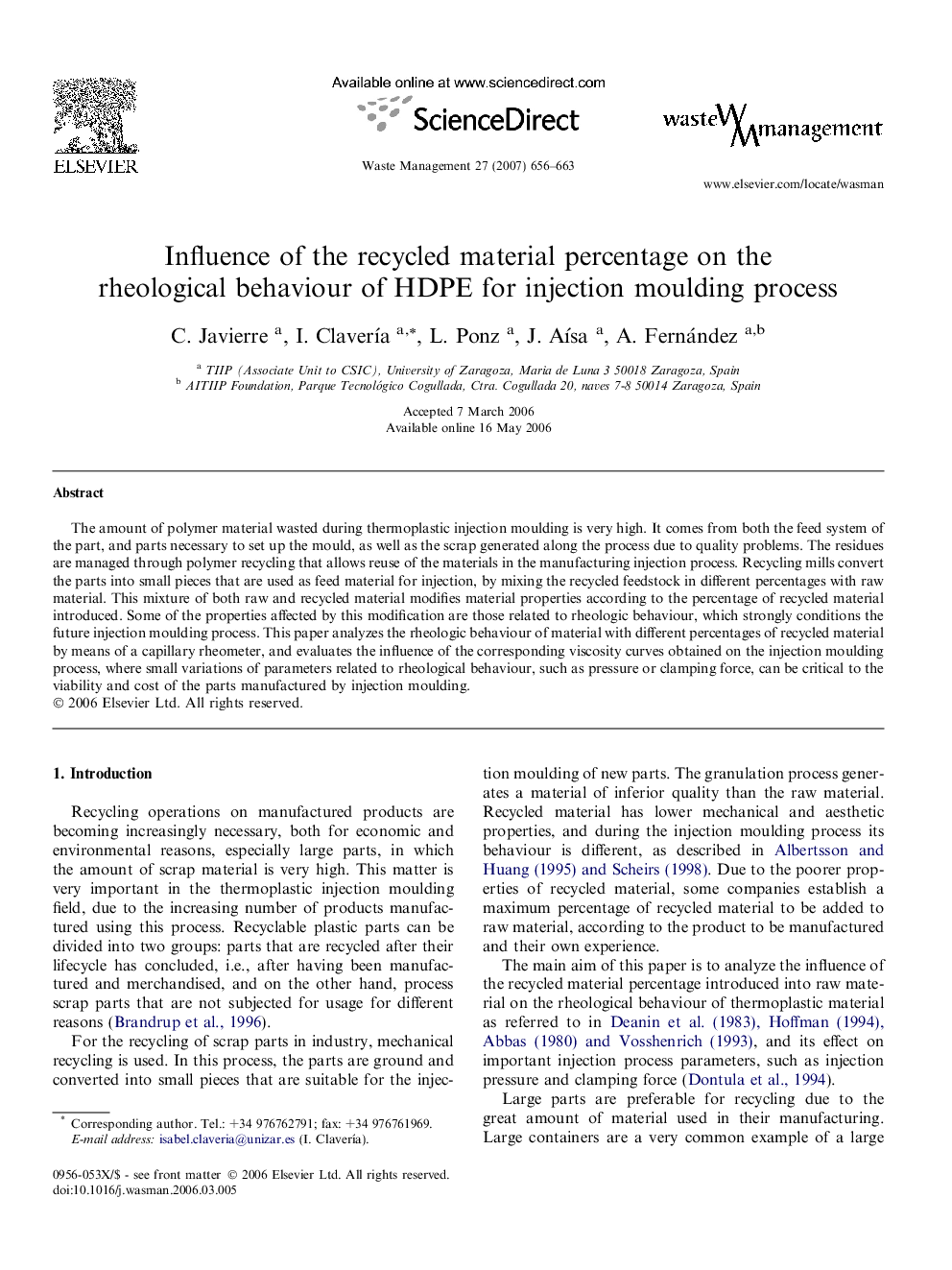 Influence of the recycled material percentage on the rheological behaviour of HDPE for injection moulding process