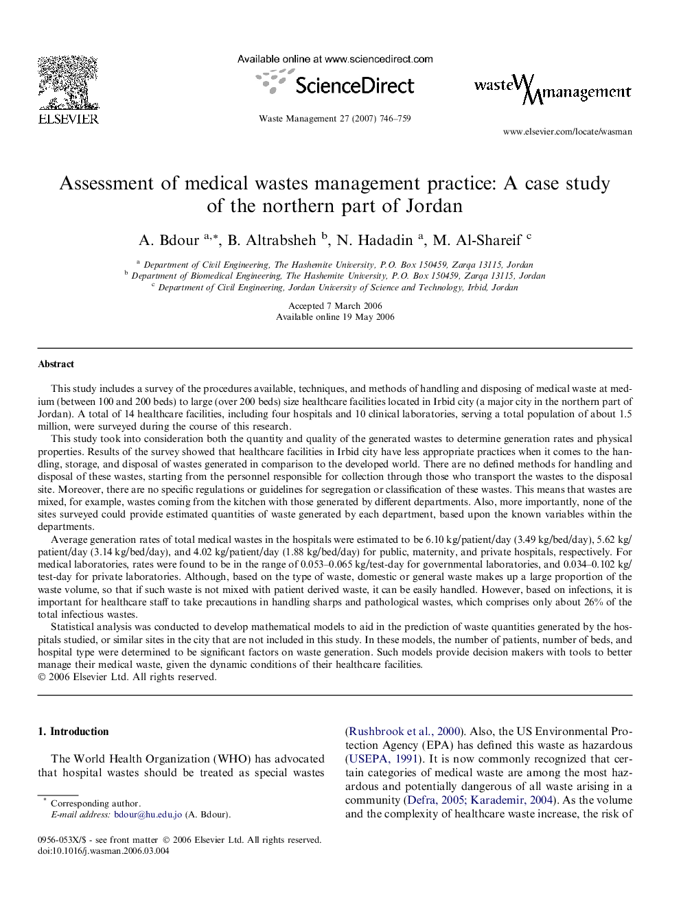 Assessment of medical wastes management practice: A case study of the northern part of Jordan