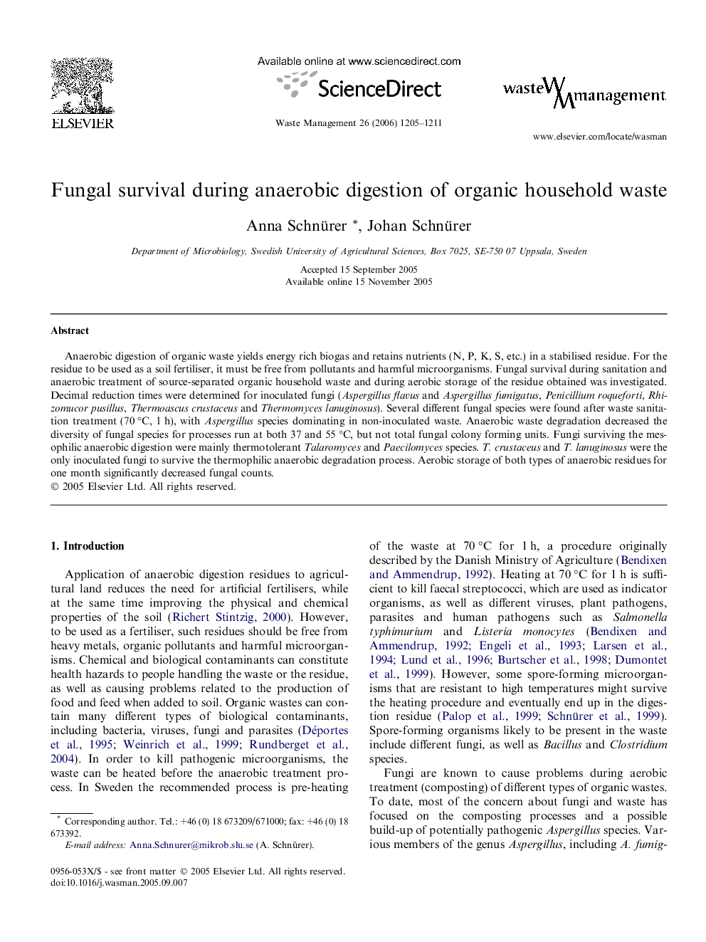 Fungal survival during anaerobic digestion of organic household waste