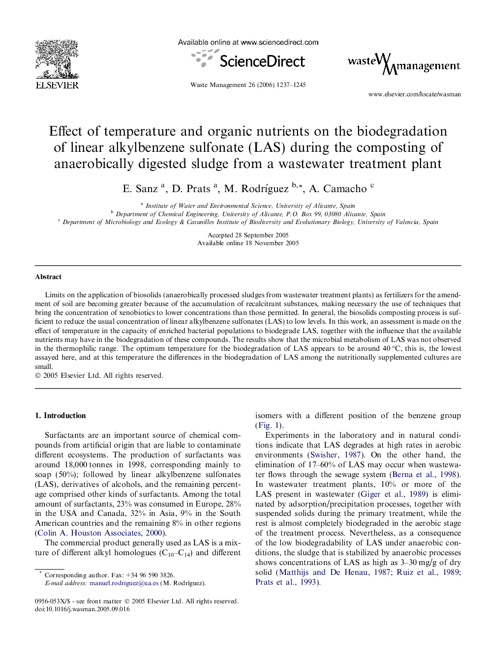 Effect of temperature and organic nutrients on the biodegradation of linear alkylbenzene sulfonate (LAS) during the composting of anaerobically digested sludge from a wastewater treatment plant