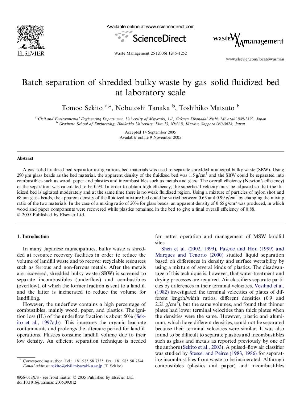 Batch separation of shredded bulky waste by gas–solid fluidized bed at laboratory scale