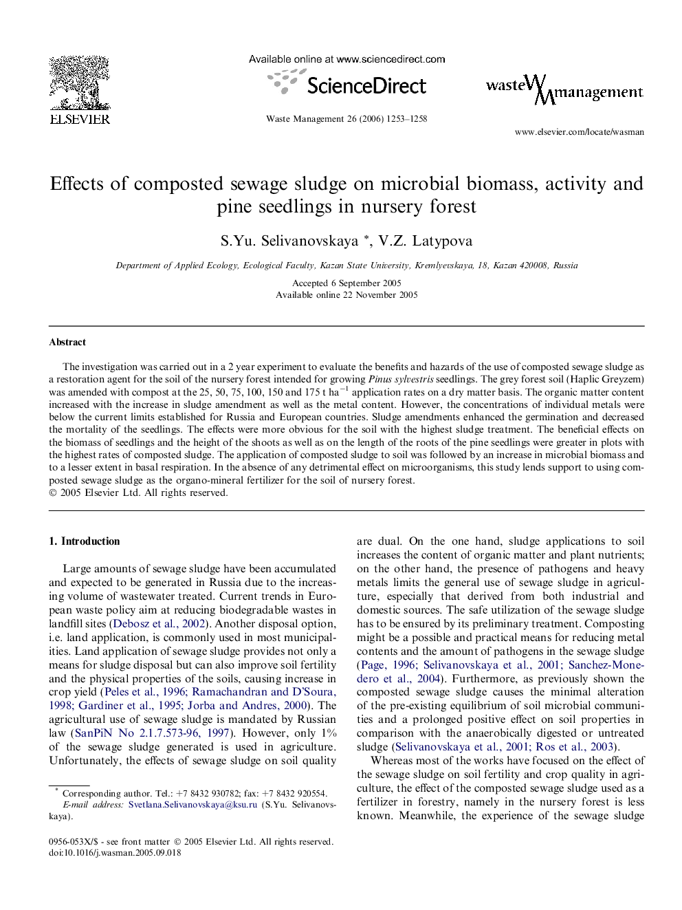 Effects of composted sewage sludge on microbial biomass, activity and pine seedlings in nursery forest