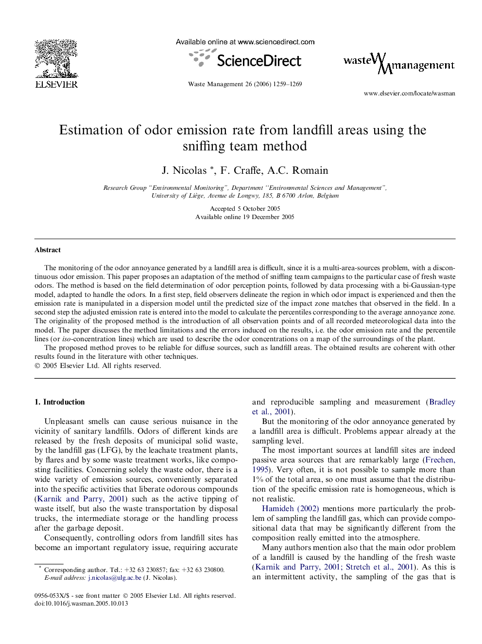 Estimation of odor emission rate from landfill areas using the sniffing team method