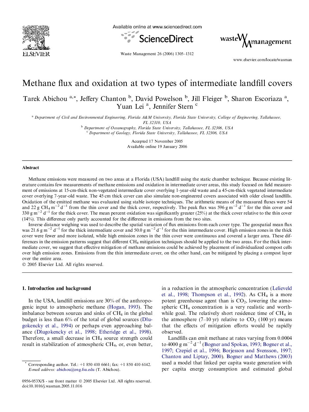 Methane flux and oxidation at two types of intermediate landfill covers