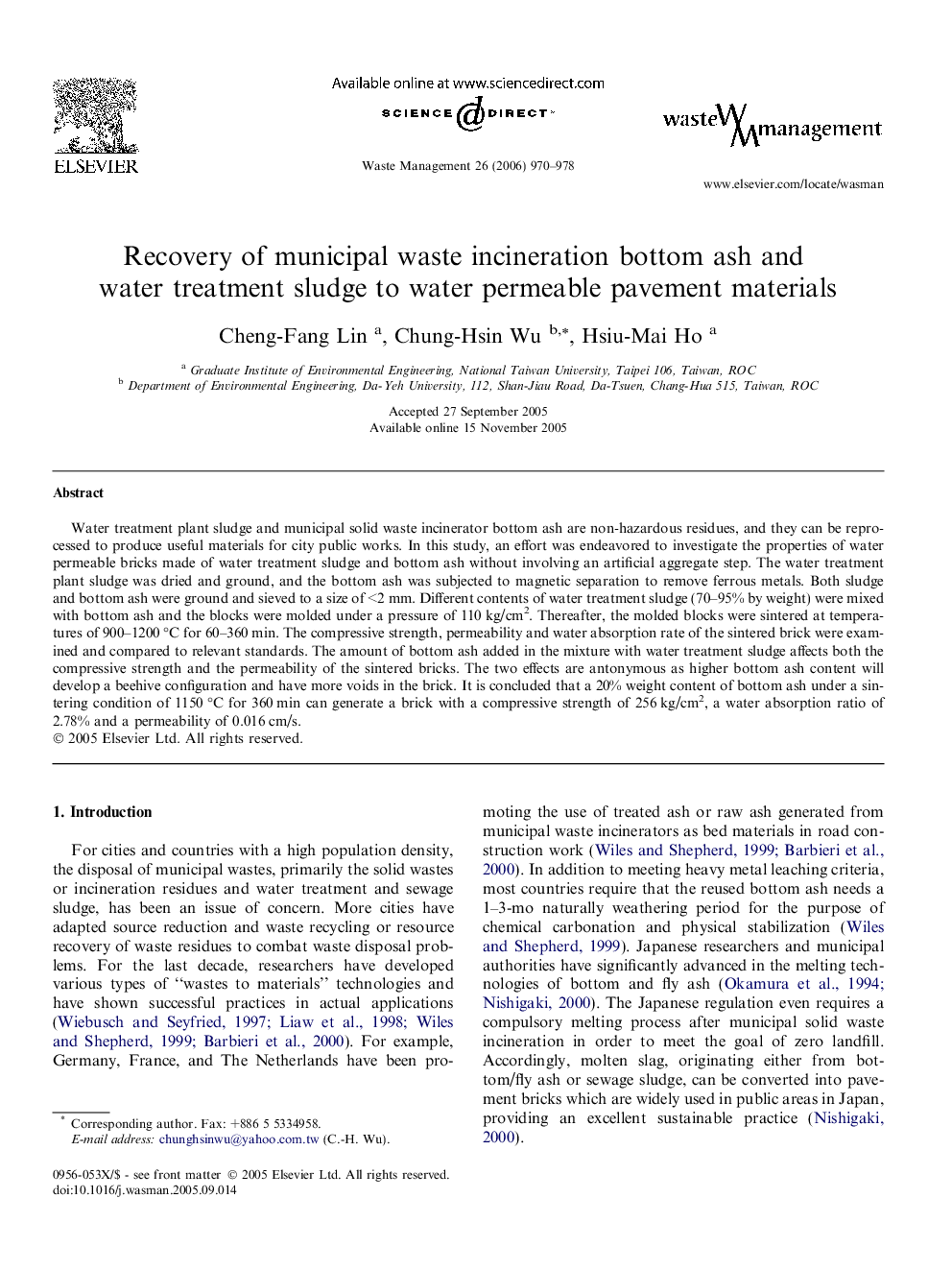 Recovery of municipal waste incineration bottom ash and water treatment sludge to water permeable pavement materials