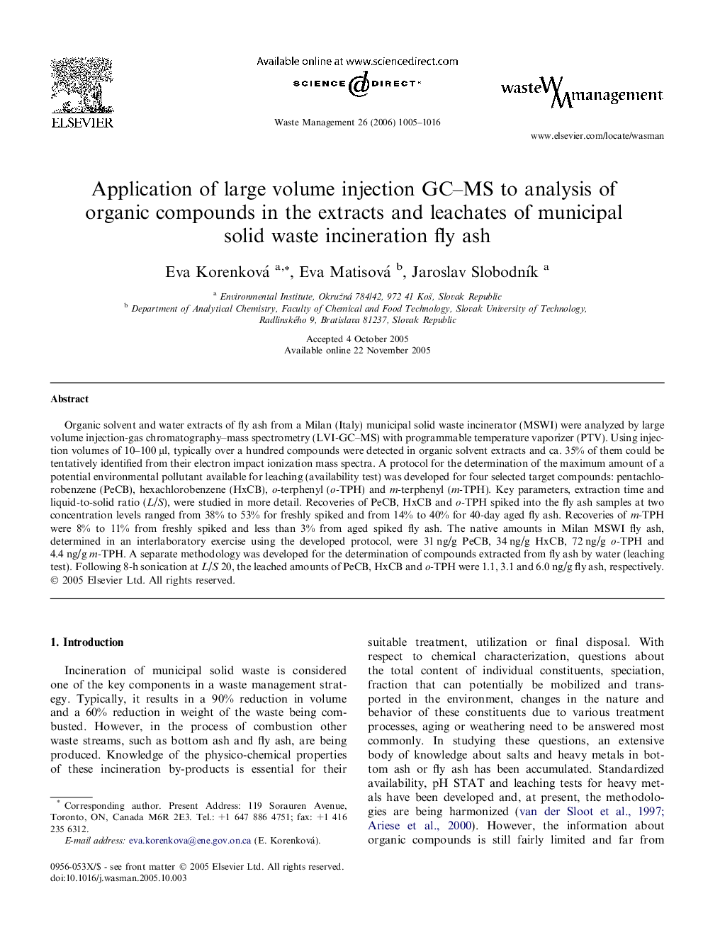 Application of large volume injection GC–MS to analysis of organic compounds in the extracts and leachates of municipal solid waste incineration fly ash