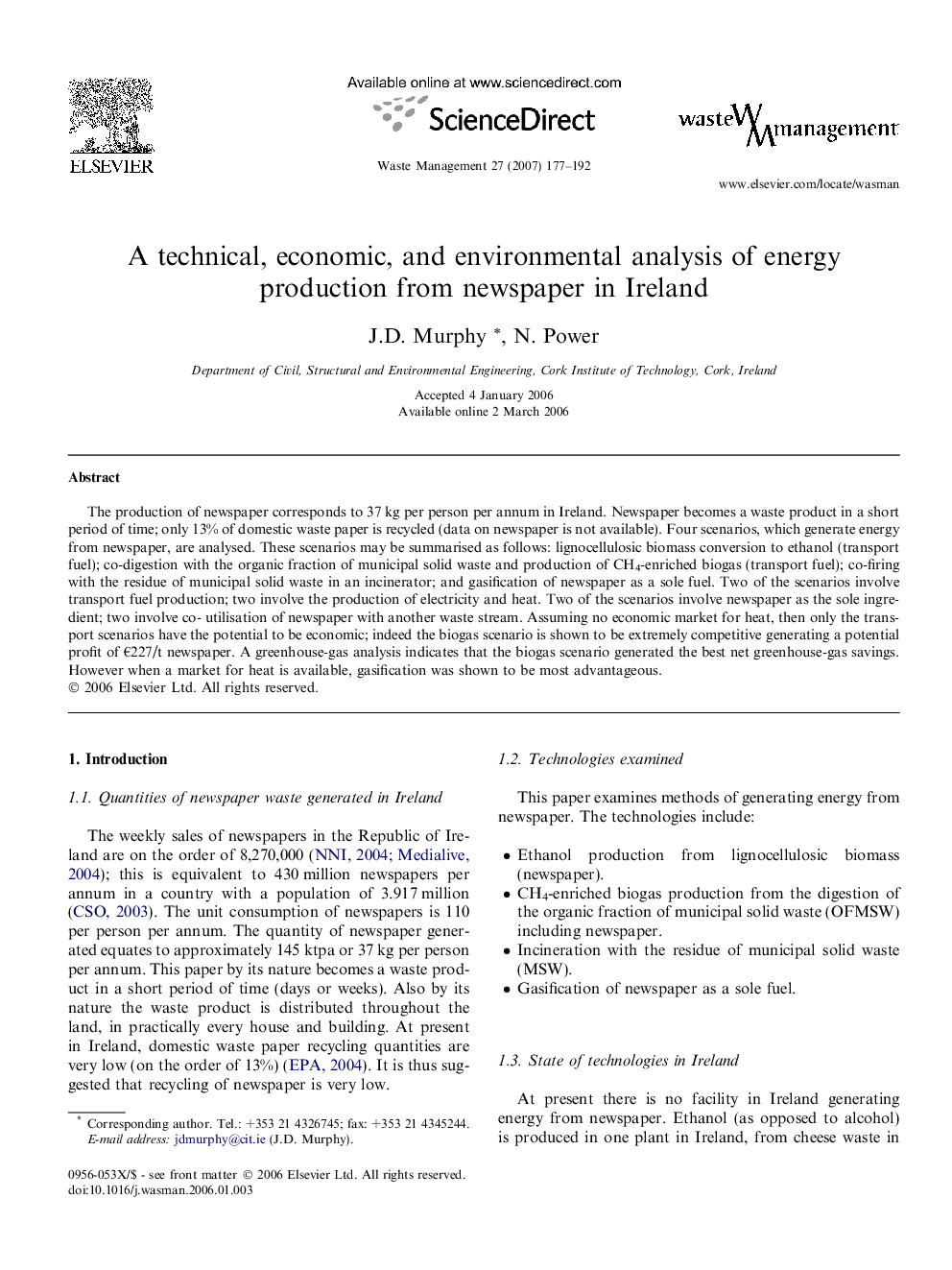 A technical, economic, and environmental analysis of energy production from newspaper in Ireland