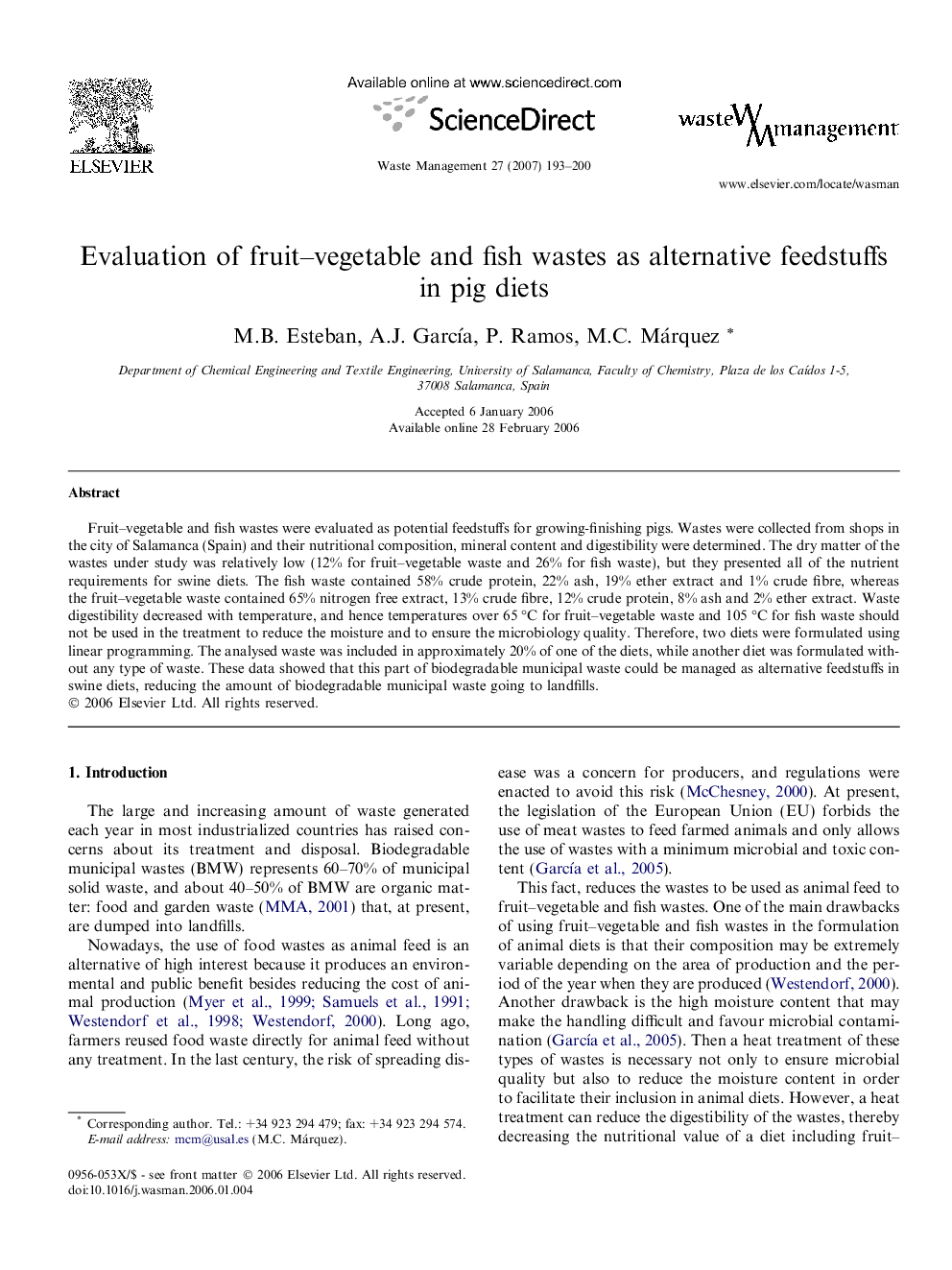 Evaluation of fruit–vegetable and fish wastes as alternative feedstuffs in pig diets