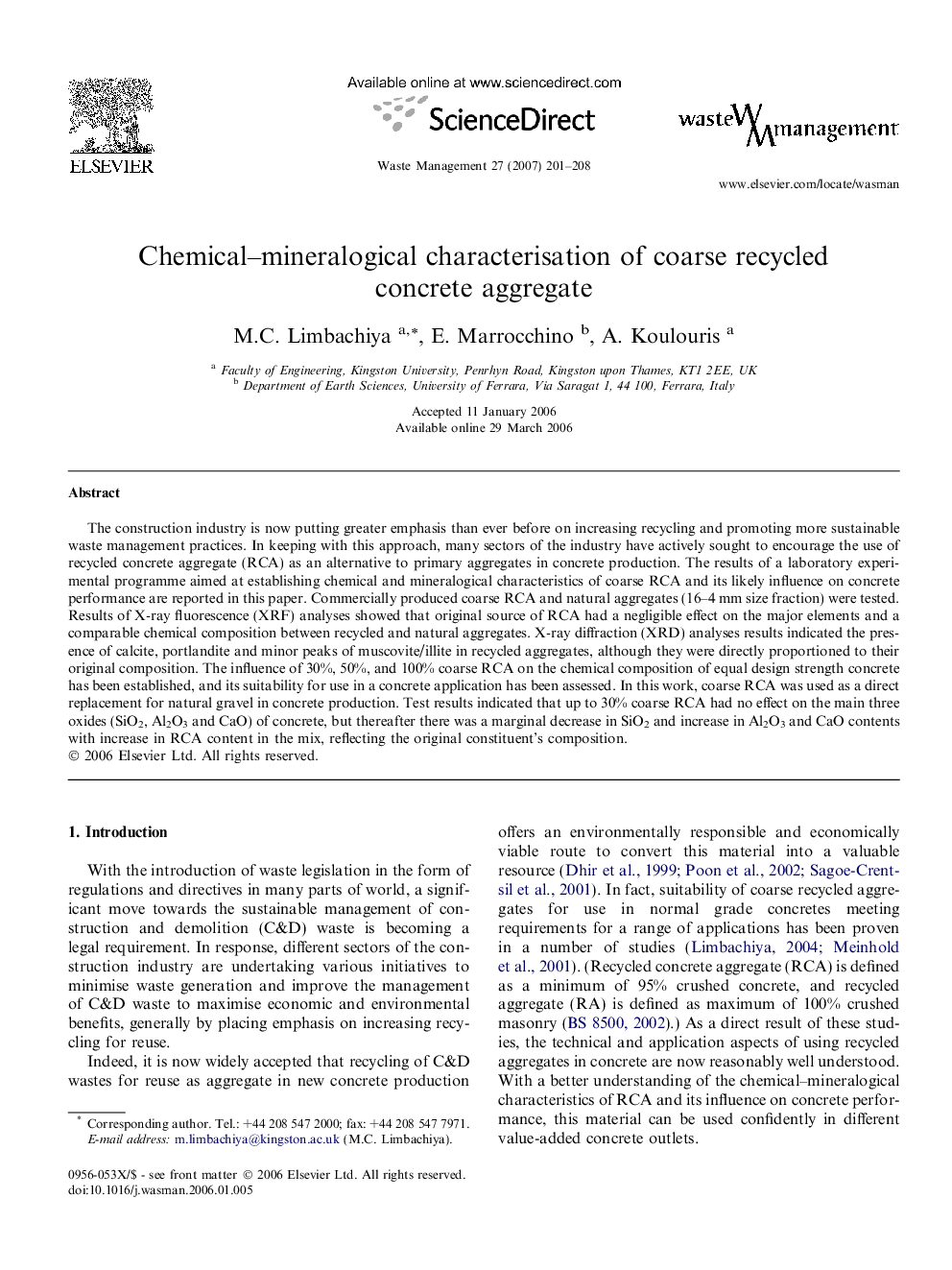 Chemical–mineralogical characterisation of coarse recycled concrete aggregate