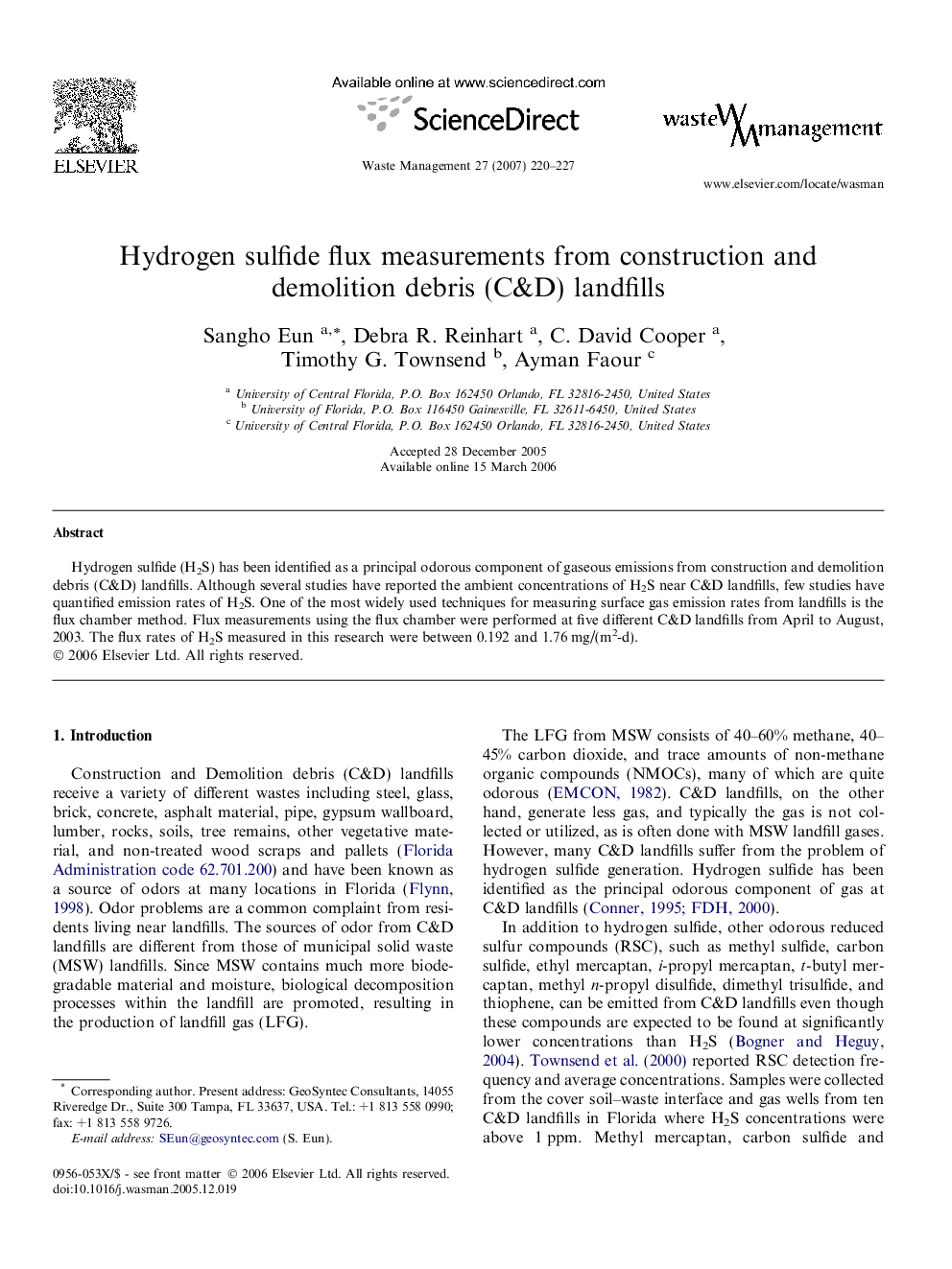 Hydrogen sulfide flux measurements from construction and demolition debris (C&D) landfills