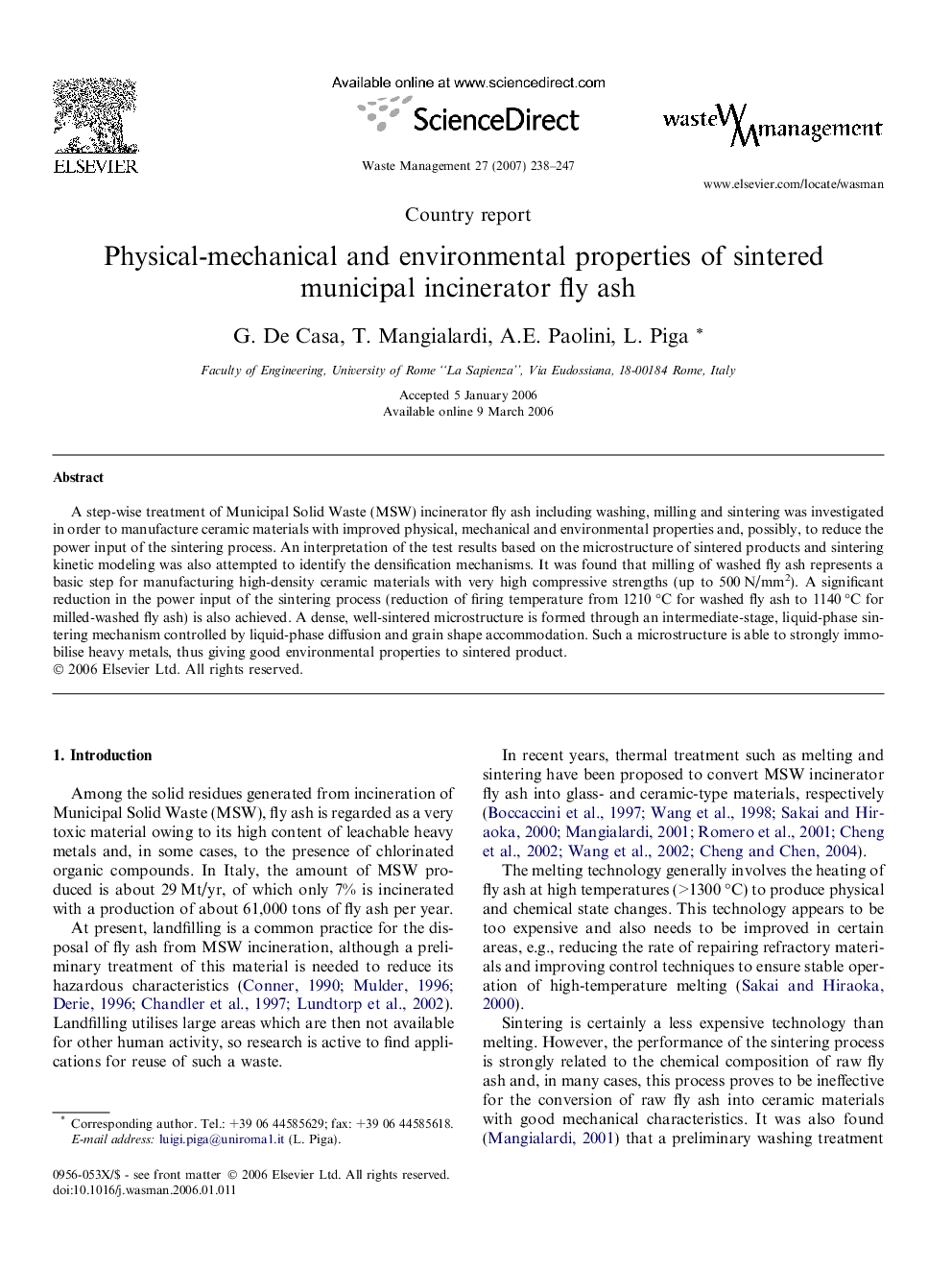 Physical-mechanical and environmental properties of sintered municipal incinerator fly ash