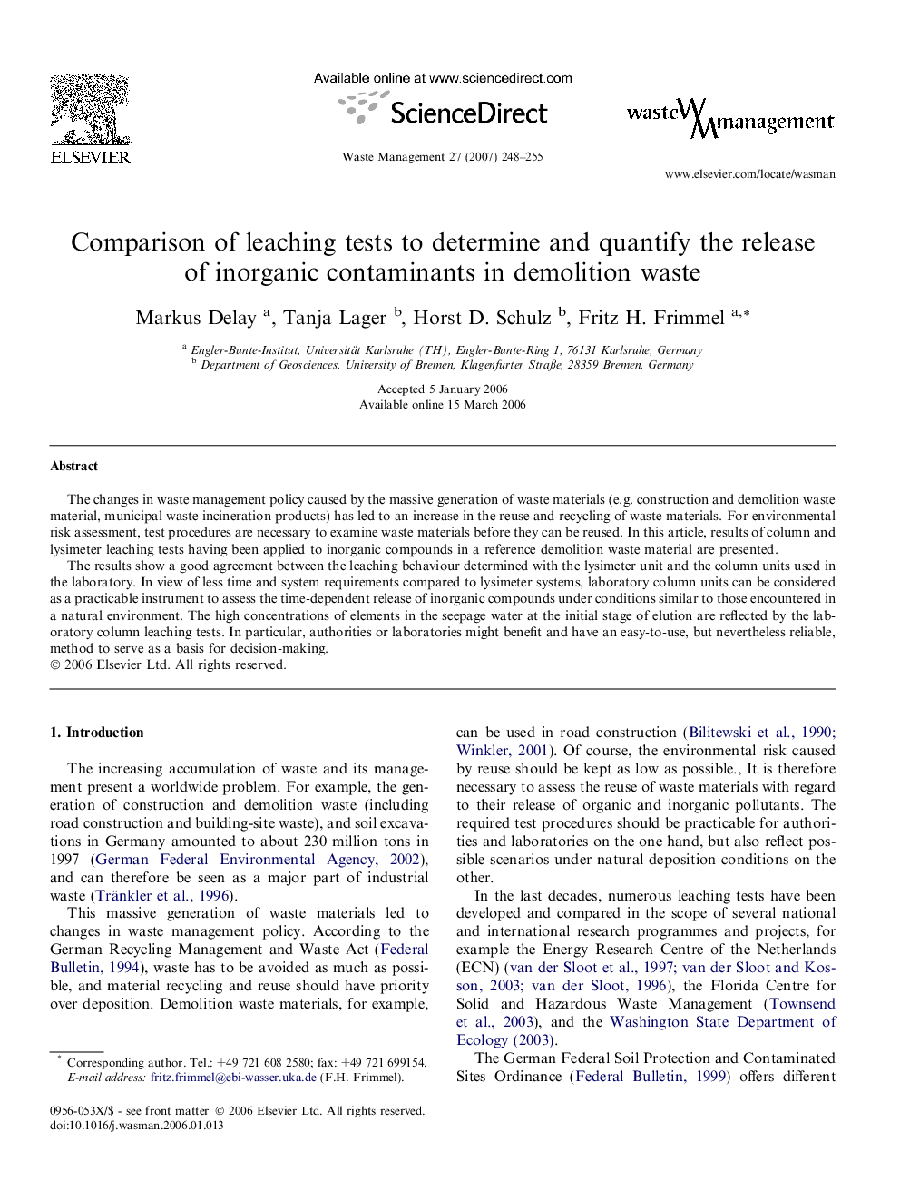 Comparison of leaching tests to determine and quantify the release of inorganic contaminants in demolition waste