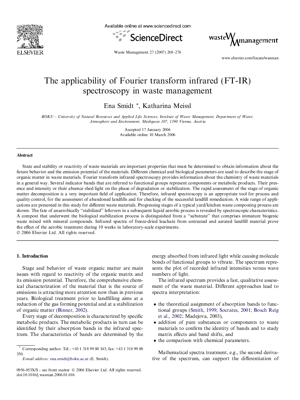 The applicability of Fourier transform infrared (FT-IR) spectroscopy in waste management