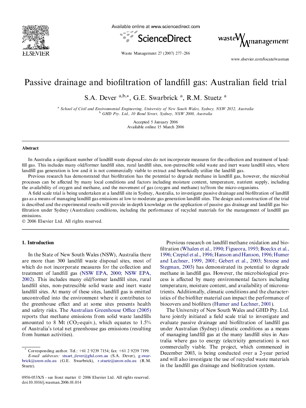 Passive drainage and biofiltration of landfill gas: Australian field trial