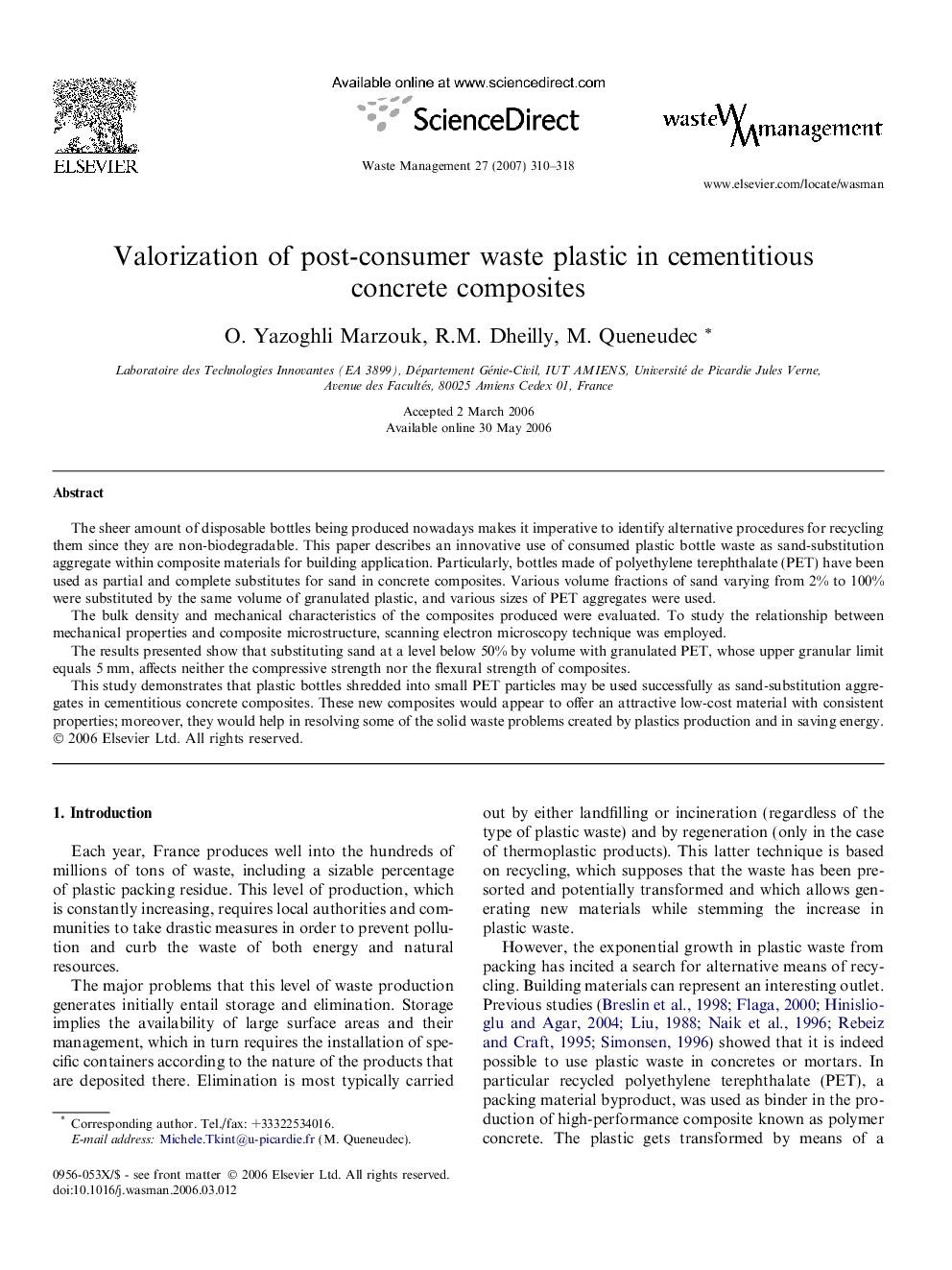 Valorization of post-consumer waste plastic in cementitious concrete composites