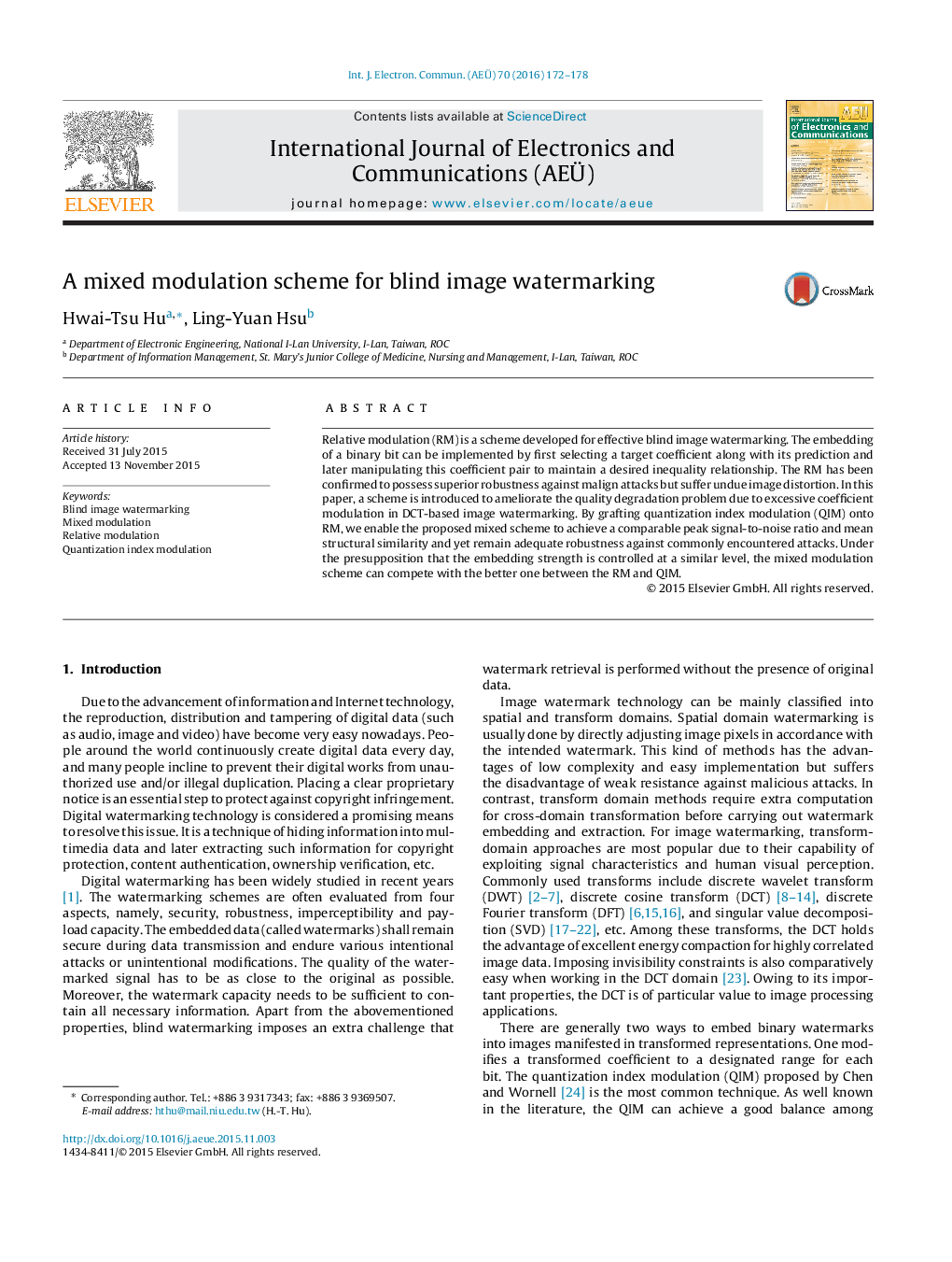 A mixed modulation scheme for blind image watermarking