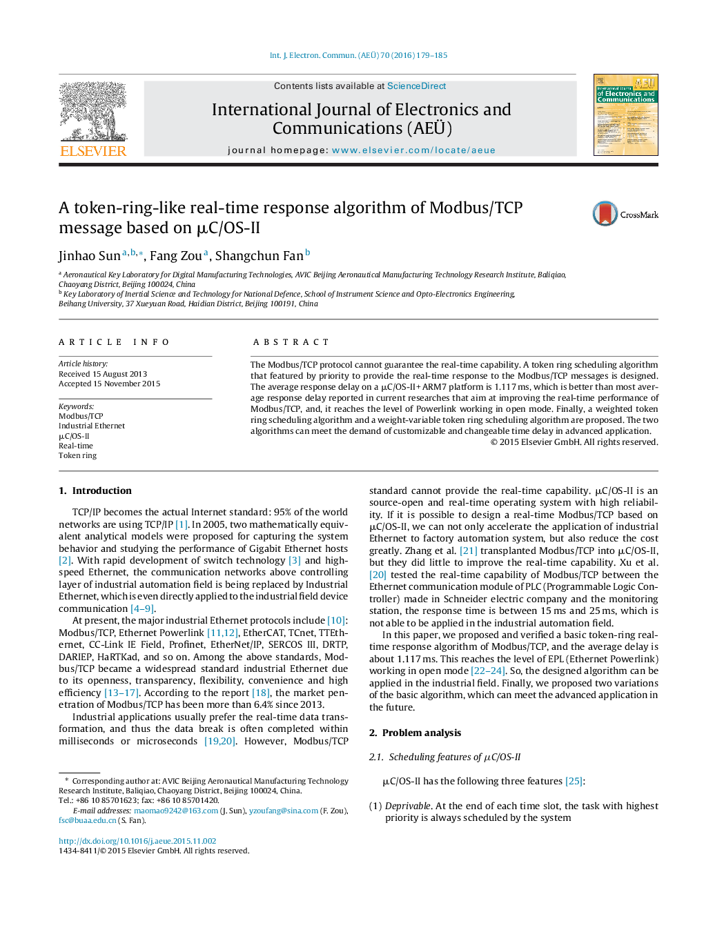 A token-ring-like real-time response algorithm of Modbus/TCP message based on μC/OS-II