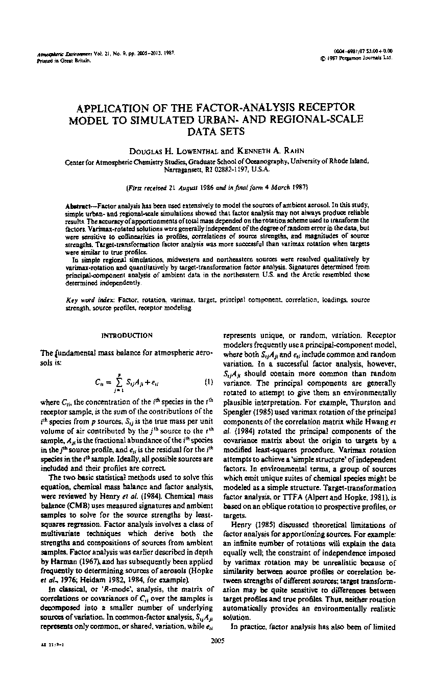 Application of the factor-analysis receptor model to simulated urban- and regional-scale data sets