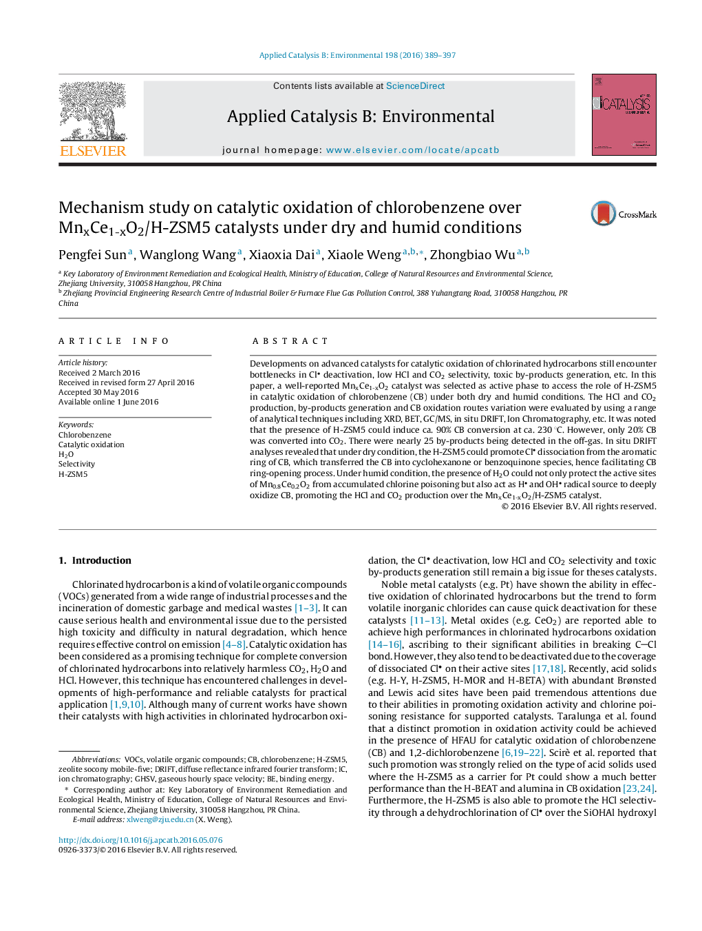 Mechanism study on catalytic oxidation of chlorobenzene over MnxCe1-xO2/H-ZSM5 catalysts under dry and humid conditions