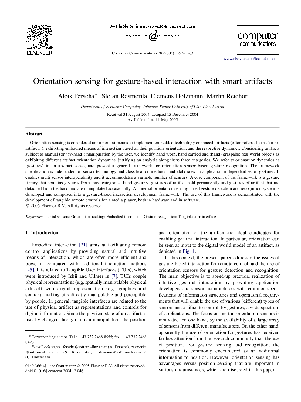 Orientation sensing for gesture-based interaction with smart artifacts