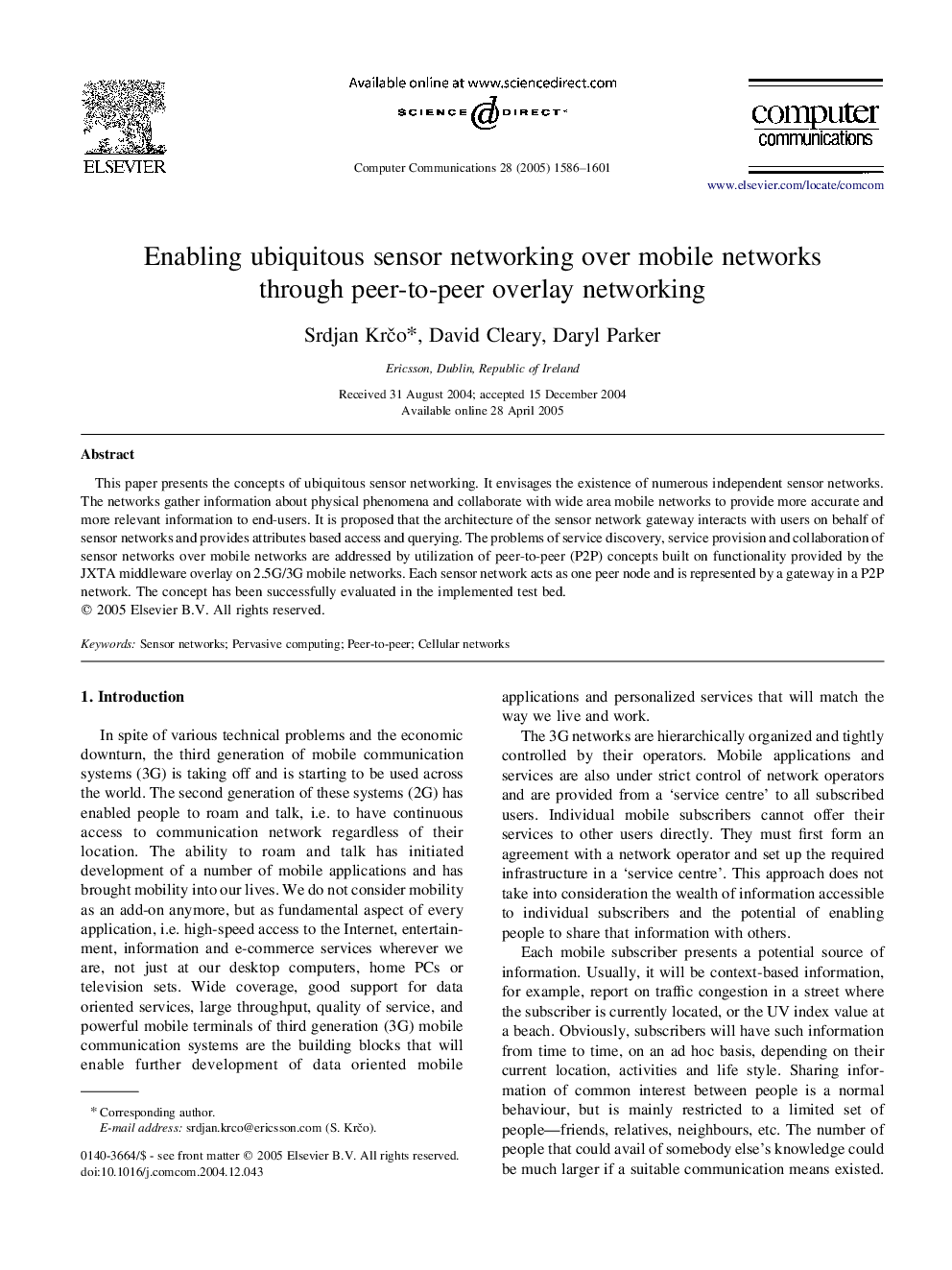 Enabling ubiquitous sensor networking over mobile networks through peer-to-peer overlay networking