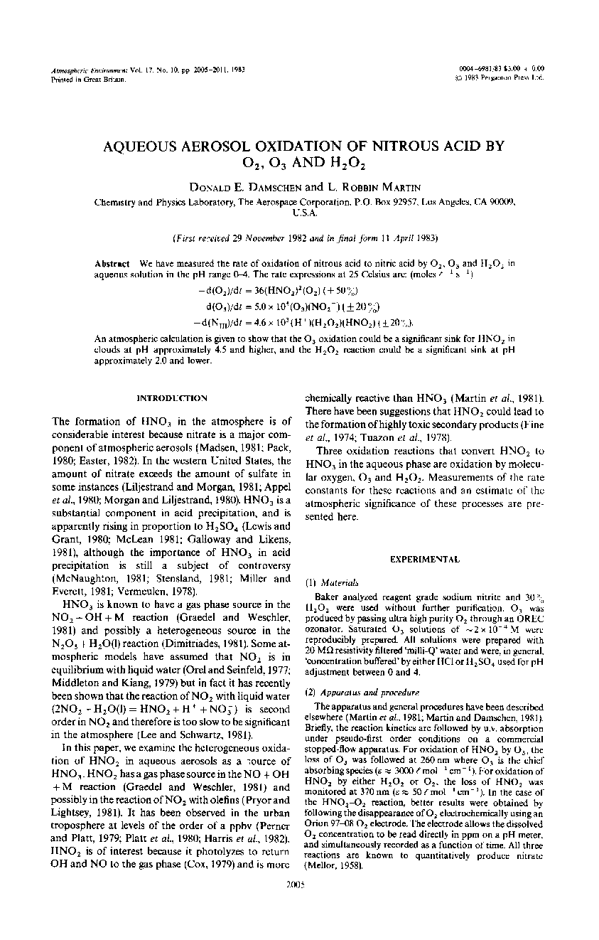 عکس صفحه اول مقاله: Aqueous aerosol oxidation of nitrous acid by O2, O3 AND H2O2 Aqueous aerosol oxidation of nitrous acid by O2, O3 AND H2O2