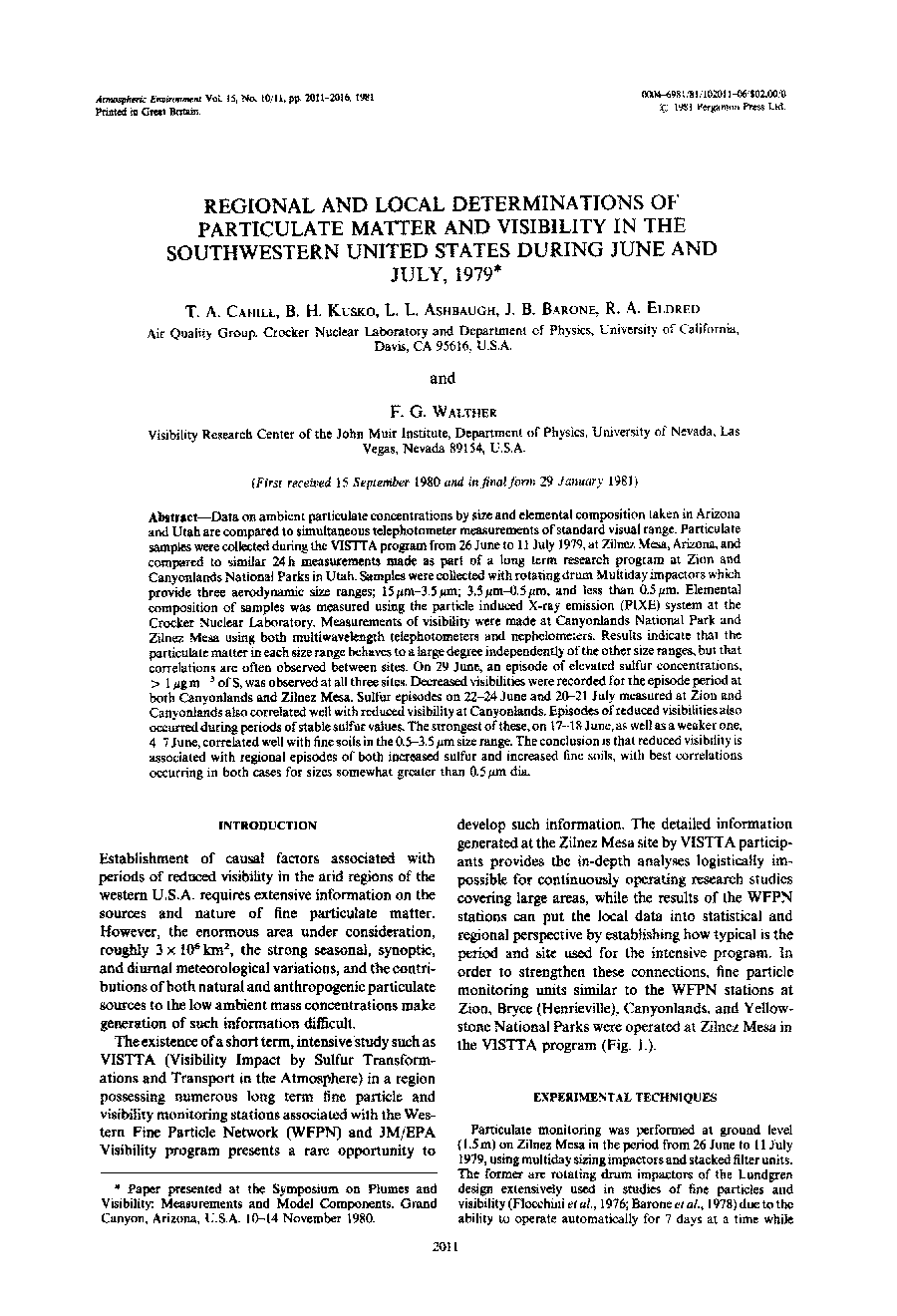 Regional and local determinations of particulate matter and visibility in the southwestern United States during June and July, 1979